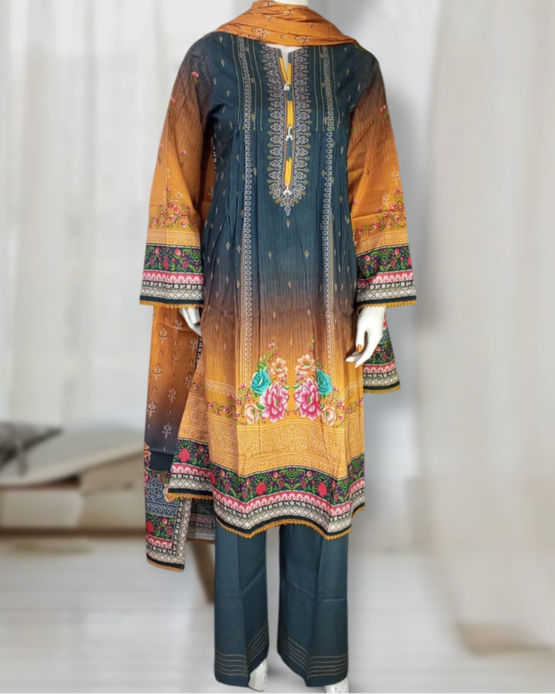 3 Piece - Bluish Cyan and Harvest Golden Designer Printed Lawn Suit