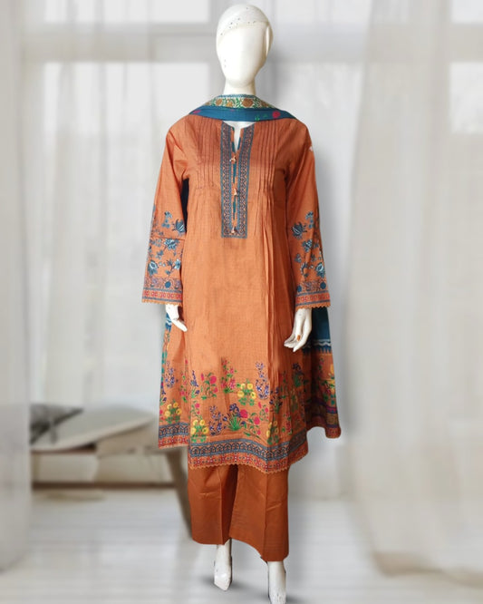 3 Piece - Rust Brown Designer Printed Lawn suit