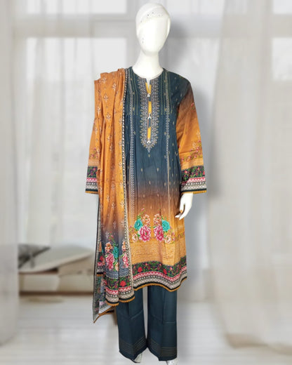 3 Piece - Bluish Cyan and Harvest Golden Designer Printed Lawn Suit