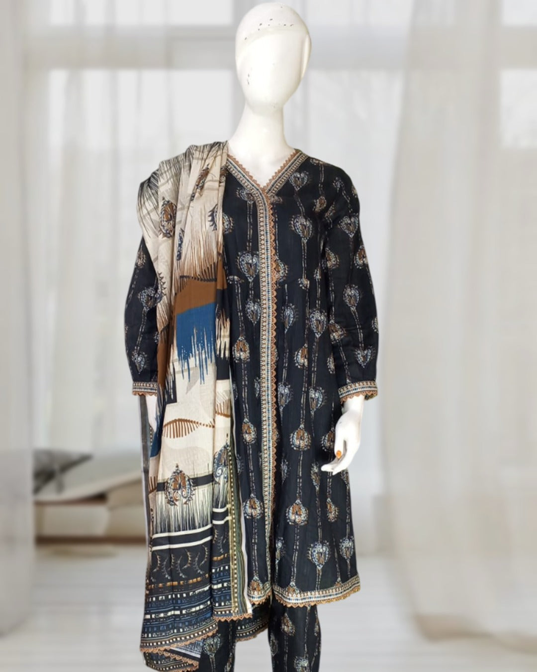 3 Piece - Tealish Blue Designer Printed Lawn suit