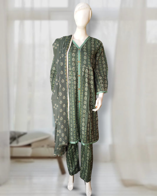 3 Piece - Hazel Green Designer Printed Lawn Suit