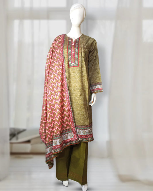 3 Piece - Olive Green Designer Printed Lawn Suit