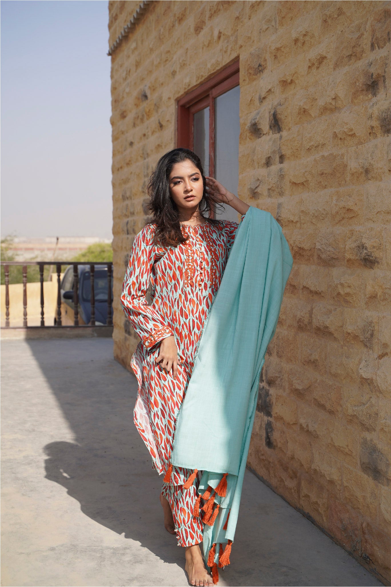 3 Piece - Light Saturated Cyan Cambric Printed Suit