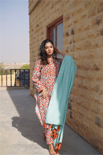 3 Piece - Light Saturated Cyan Cambric Printed Suit