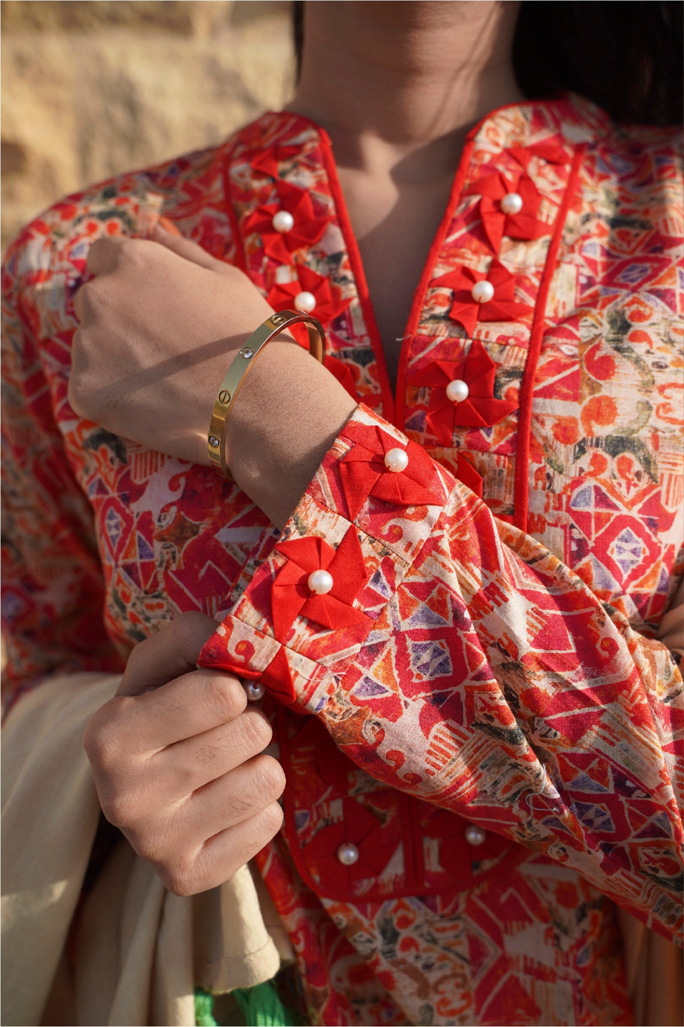 3 Piece - Red Floral Cambric Printed Suit