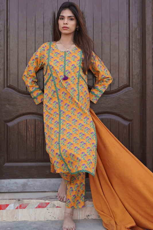 3 Piece - Mustard Floral Cambric Printed Suit