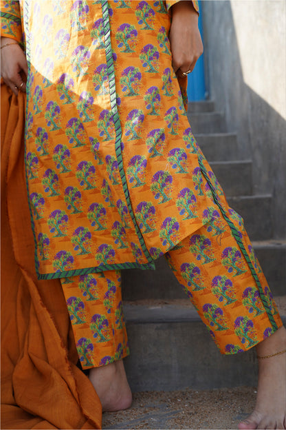 3 Piece - Mustard Floral Cambric Printed Suit