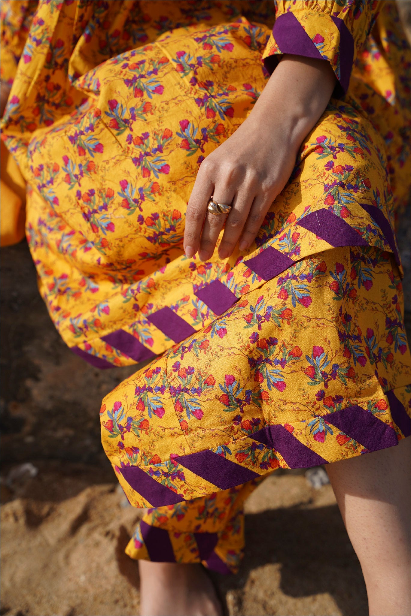 3 Piece - Yellow  Cambric Printed Suit