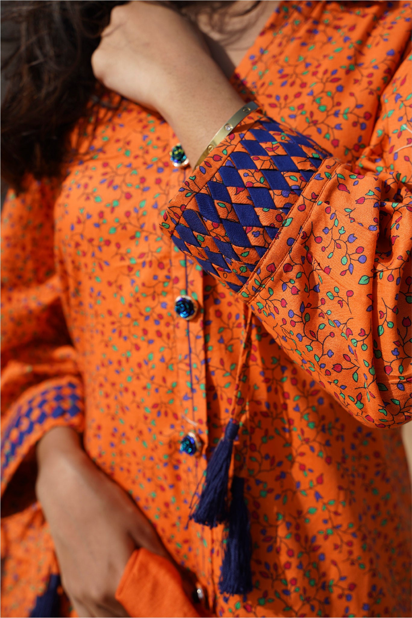 3 Piece - Orange Floral Cambric Printed Suit