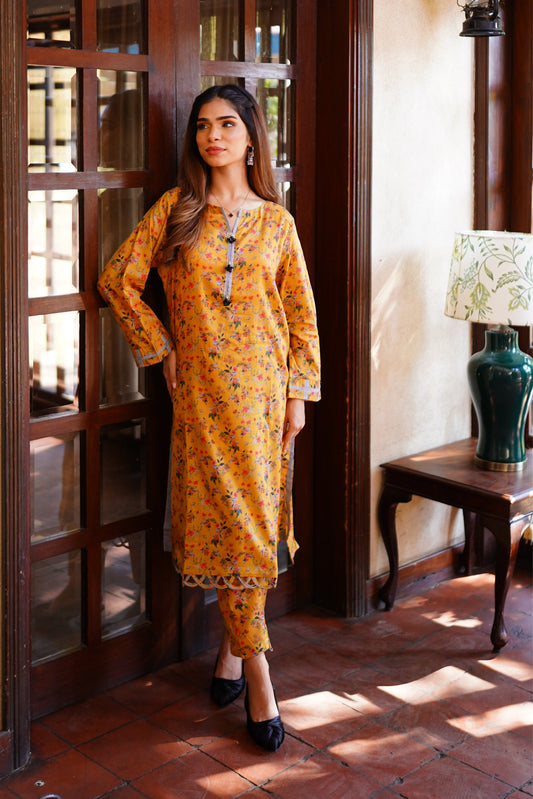 2 Piece - Mustard Floral Lawn Printed Suit